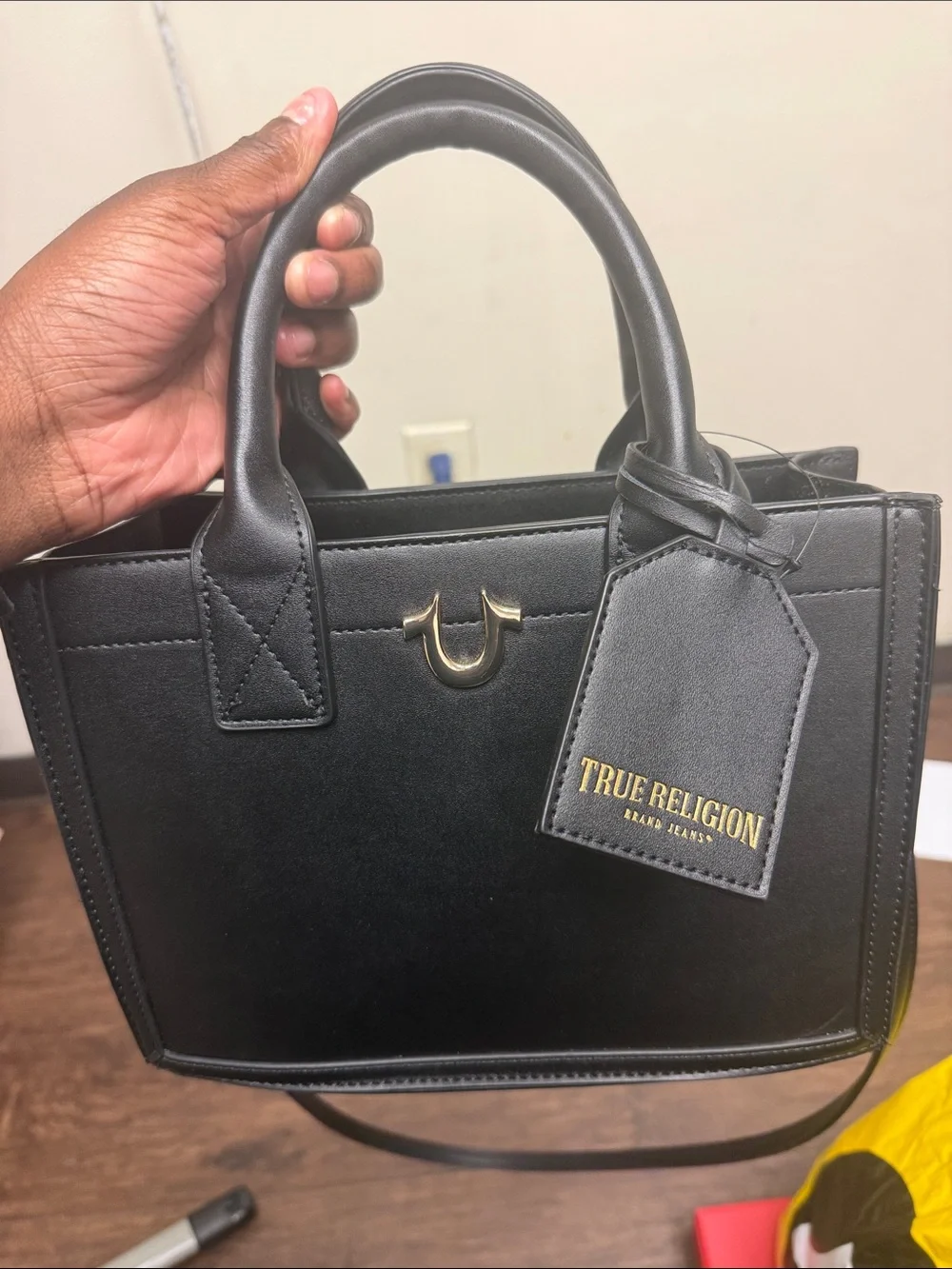 True Religion Black Leather Satchel with Gold Hardware
